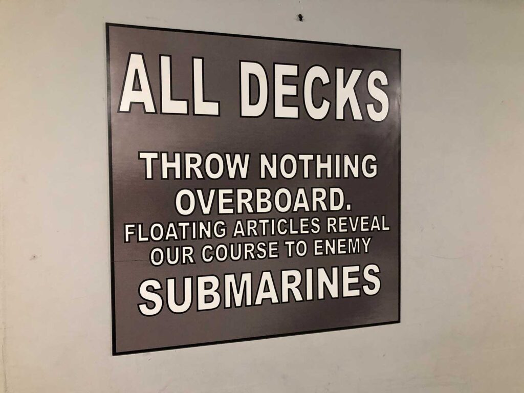 The RMS Queen Mary in Long Beach, CA. Signs you see on the vessel.